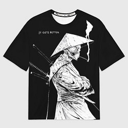 Мужская футболка оверсайз Самурай скелет с трубкой