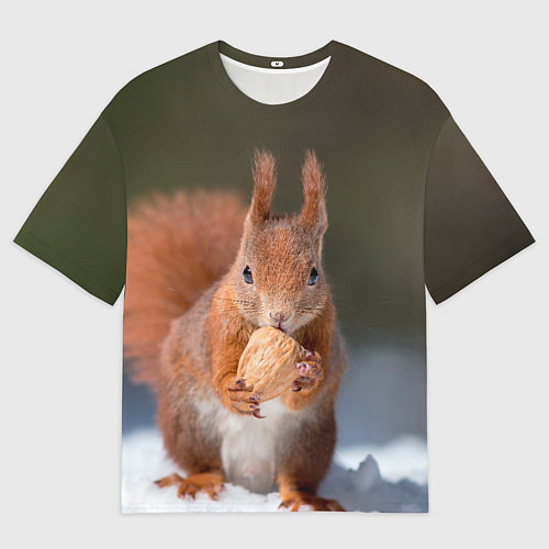 Мужская футболка оверсайз Белка с орехом на снегу / 3D-принт – фото 1