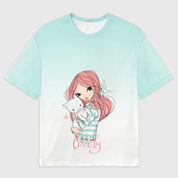 Мужская футболка оверсайз Девочка и любимый кот арт