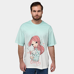 Футболка оверсайз мужская Девочка и любимый кот арт, цвет: 3D-принт — фото 2