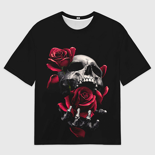 Мужская футболка оверсайз ЧЕРЕП И РОЗЫ / 3D-принт – фото 1