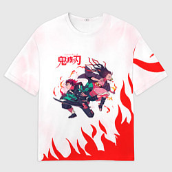 Футболка оверсайз мужская Танджиро и Незуко в огне, цвет: 3D-принт