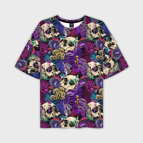 Мужская футболка оверсайз Психоделика - черепа и грибы / 3D-принт – фото 1