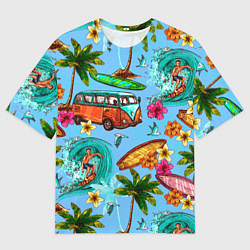 Футболка оверсайз мужская Пальмы, волны, серфинг, цвет: 3D-принт