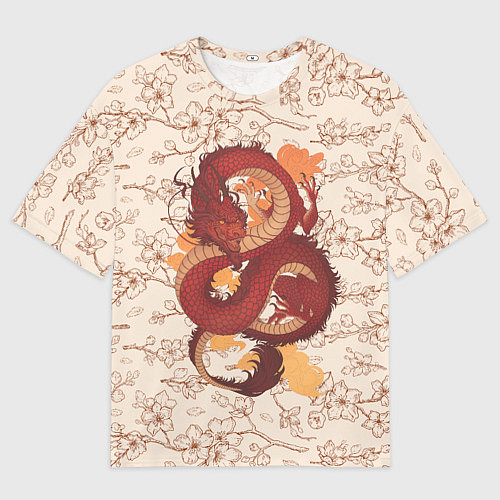 Мужская футболка оверсайз Китайский Дракон и Сакура / 3D-принт – фото 1