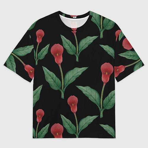 Мужская футболка оверсайз Красные каллы на черном / 3D-принт – фото 1