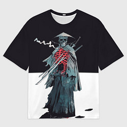 Мужская футболка оверсайз Скелет Самурай с трубкой на черно белом фоне