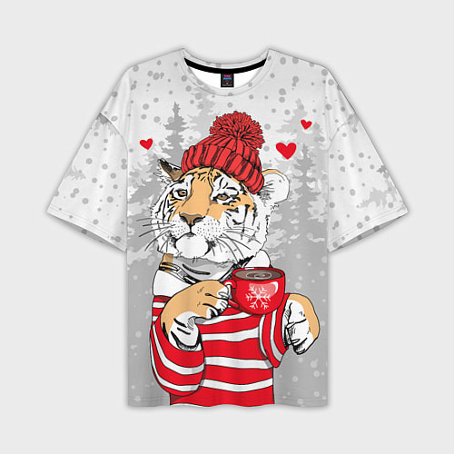 Мужская футболка оверсайз Тигр с чашкой кофе / 3D-принт – фото 1