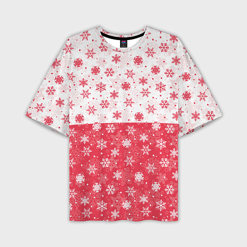 Мужская футболка оверсайз Снежинки красно-белые / 3D-принт – фото 1