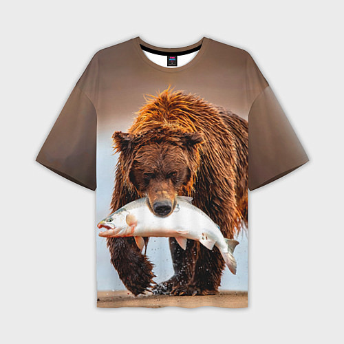 Мужская футболка оверсайз Медведь с рыбой во рту / 3D-принт – фото 1