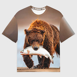 Футболка оверсайз мужская Медведь с рыбой во рту, цвет: 3D-принт