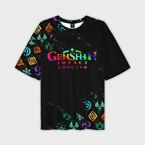 Мужская футболка оверсайз GENSHIN IMPACT NEON LOGO RAINBOW STYLE, ЭМБЛЕМЫ / 3D-принт – фото 1