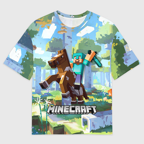 Мужская футболка оверсайз Майнкрафт на коне в березовом лесу / 3D-принт – фото 1
