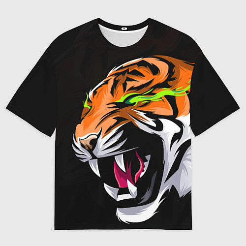 Мужская футболка оверсайз Тигр, с зелеными глазами / 3D-принт – фото 1