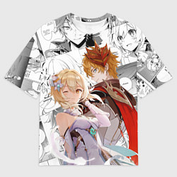 Мужская футболка оверсайз Люмин и Тарталья на фоне манги