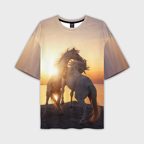 Мужская футболка оверсайз Лошади на закате / 3D-принт – фото 1
