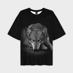 Мужская футболка оверсайз Волк, на черном фоне