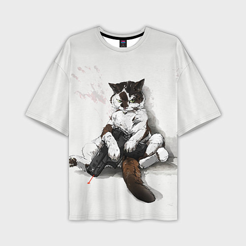 Мужская футболка оверсайз Котик с пистолетом на стене мем / 3D-принт – фото 1