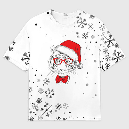 Мужская футболка оверсайз Новогодний тигр летящие снежинки / 3D-принт – фото 1