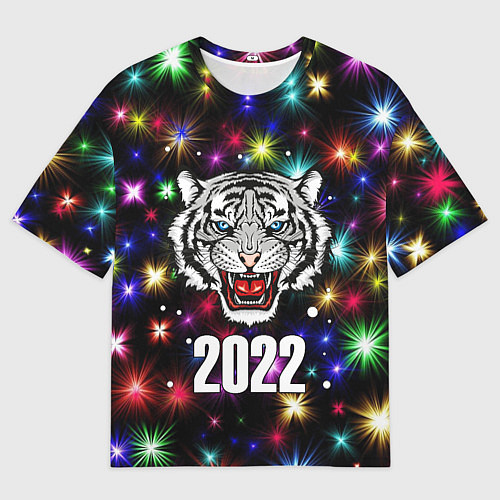 Мужская футболка оверсайз БЕЛЫЙ ТИГР 2022 И НОВОГОДНИЕ ОГНИ / 3D-принт – фото 1