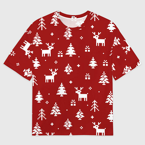 Мужская футболка оверсайз Новогодние олени и елки на красном фоне / 3D-принт – фото 1