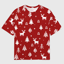 Футболка оверсайз мужская Новогодние олени и елки на красном фоне, цвет: 3D-принт