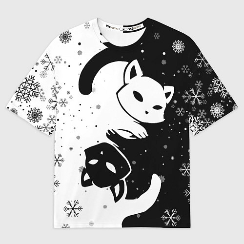 Мужская футболка оверсайз Новогодние два кота кувыркаются / 3D-принт – фото 1