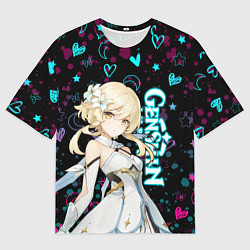 Мужская футболка оверсайз ГЕНШИН ИМПАКТ ЛЮМИН, НЕОНОВЫЕ СЕРДЕЧКИ