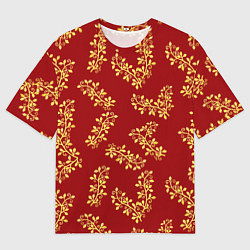 Футболка оверсайз мужская Золотые веточки на ярко красном фоне, цвет: 3D-принт