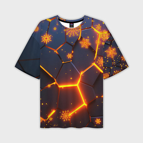 Мужская футболка оверсайз НОВОГОДНИЕ ОГНЕННЫЕ 3D ПЛИТЫ FIRE NEON HEXAGON / 3D-принт – фото 1
