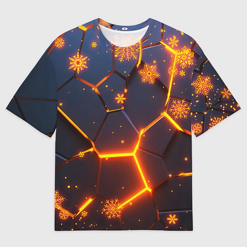 Мужская футболка оверсайз НОВОГОДНИЕ ОГНЕННЫЕ 3D ПЛИТЫ FIRE NEON HEXAGON / 3D-принт – фото 1