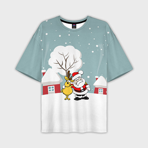 Мужская футболка оверсайз Деревенский Новый Год Дед Мороз и Олень / 3D-принт – фото 1
