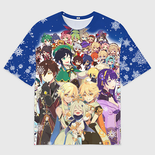 Мужская футболка оверсайз НОВЫЙ ГОД В ГЕНШИН ИМПАКТ, ВСЕ ГЕРОИ ИГРЫ / 3D-принт – фото 1