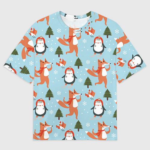 Мужская футболка оверсайз Лисята и пингвины Новый год 2022 / 3D-принт – фото 1