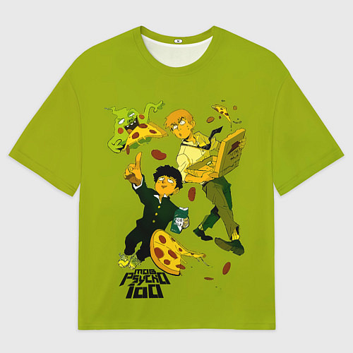 Мужская футболка оверсайз Шигео, Ямочки и Рэйгэн налет на пиццу - Mob Psycho / 3D-принт – фото 1