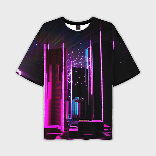 Мужская футболка оверсайз Ночной город в киберпанке / 3D-принт – фото 1