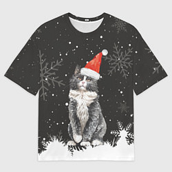 Футболка оверсайз мужская Новогодний Черный кот в кружке, цвет: 3D-принт