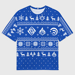 Футболка оверсайз мужская НОВОГОДНИЙ СВИТЕР GENSHIN IMPACT СИНИЙ, цвет: 3D-принт