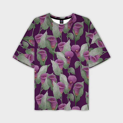 Мужская футболка оверсайз Фиолетовые каллы на темно фиолетовом фоне / 3D-принт – фото 1