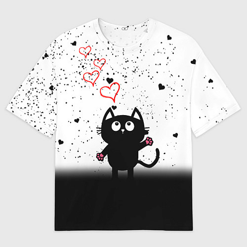 Мужская футболка оверсайз Котик в тумане Сердечки / 3D-принт – фото 1