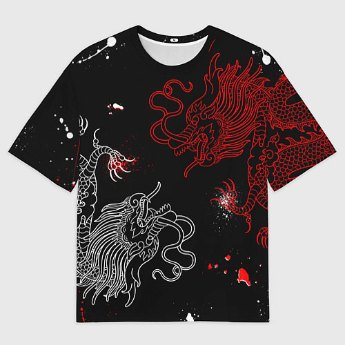 Мужская футболка оверсайз Китайский дракон Красно - Белый / 3D-принт – фото 1