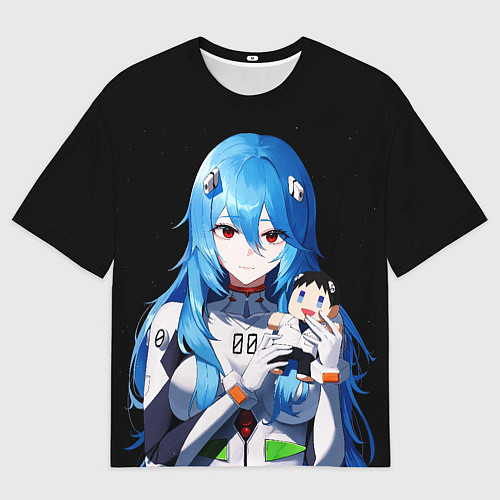 Мужская футболка оверсайз Рей Аянами с игрушкой Синдзи Евангелион / 3D-принт – фото 1