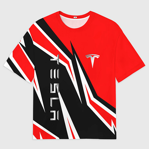 Мужская футболка оверсайз ТЕСЛА - КРАСНЫЙ СПОРТИВНЫЙ / 3D-принт – фото 1