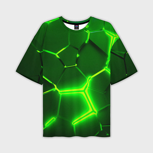 Мужская футболка оверсайз 3D ПЛИТЫ НЕОН NEON GREEN HEXAGON РАЗЛОМ / 3D-принт – фото 1