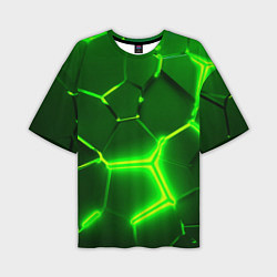 Мужская футболка оверсайз 3D ПЛИТЫ НЕОН NEON GREEN HEXAGON РАЗЛОМ