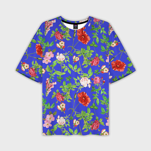 Мужская футболка оверсайз Цветочки - синий фон - паттерн / 3D-принт – фото 1