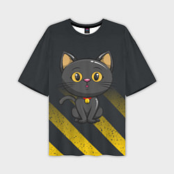 Мужская футболка оверсайз Черный кот желтые полосы