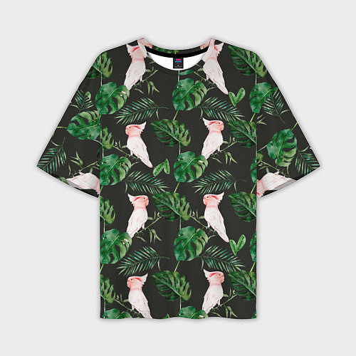 Мужская футболка оверсайз Белые попугаи и листья / 3D-принт – фото 1