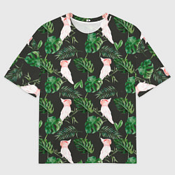 Мужская футболка оверсайз Белые попугаи и листья