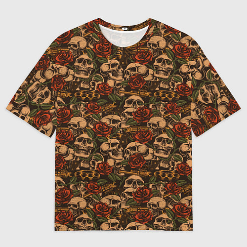 Мужская футболка оверсайз Черепа с оружием и розами / 3D-принт – фото 1